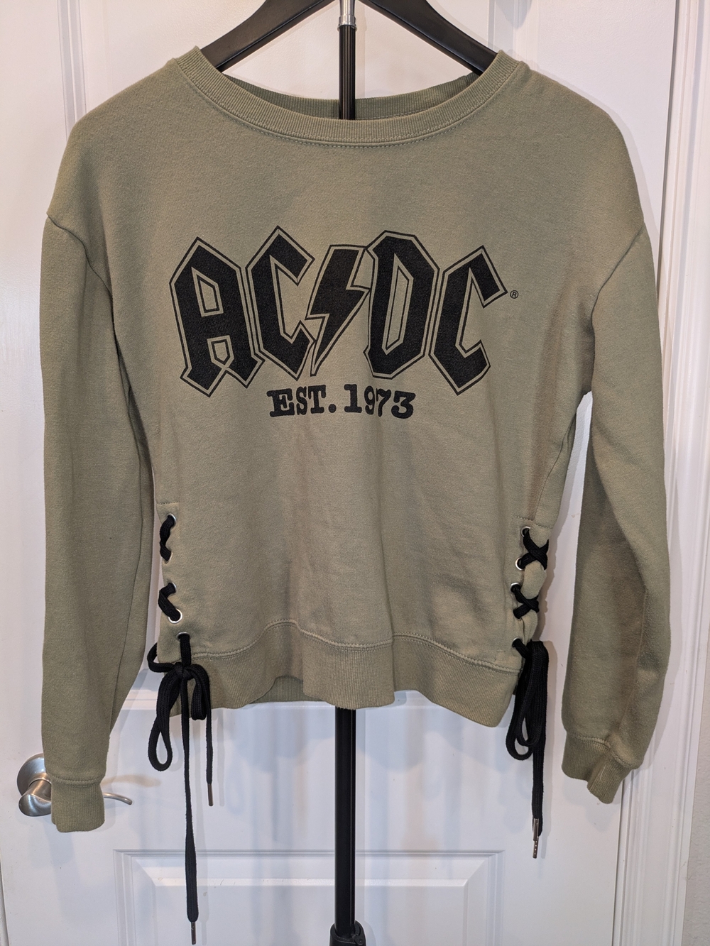 AC/DC Sweatshirt Womens S Olive Green Side Lace Up Rock Band Pullover 2017